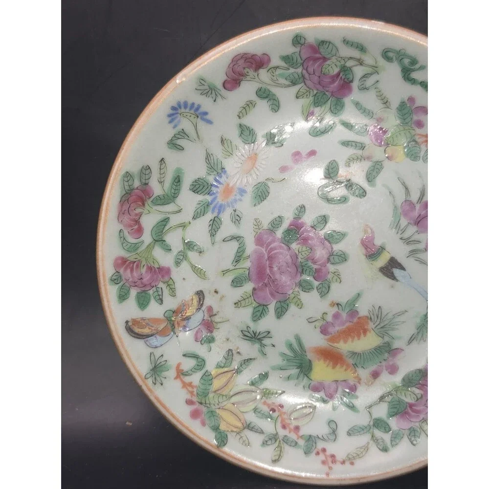 Antique Chinese Celadon Canton Famille Rose Plate 7